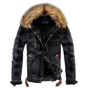 New Faux Fur Collar Sherpa Fleece Distressed Jacket